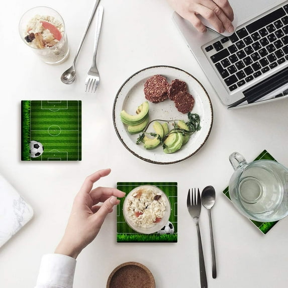 FMSHPON Green Grass Pitch Soccer Set of 6 Coaster for Drinks, Absorbent Ceramic Stone Coasters Cup Mat with Cork Base for Home Kitchen Room Coffee Table Bar Decor