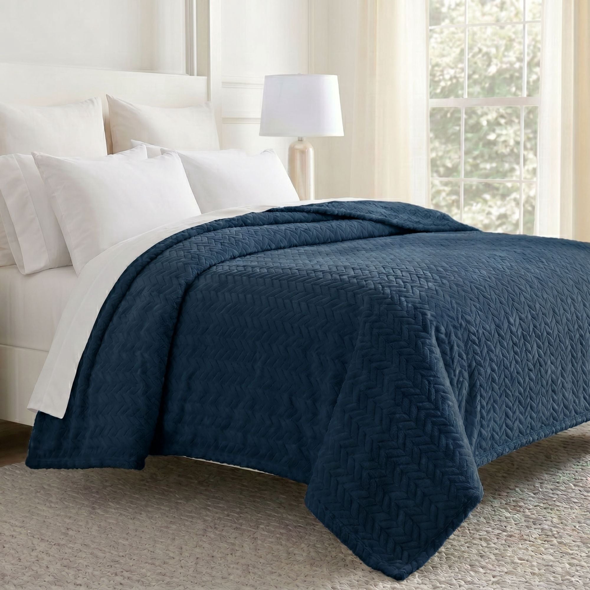 Superior Hope Herringbone Fluffy Fleece Blanket, Full Queen Size, Navy Blue