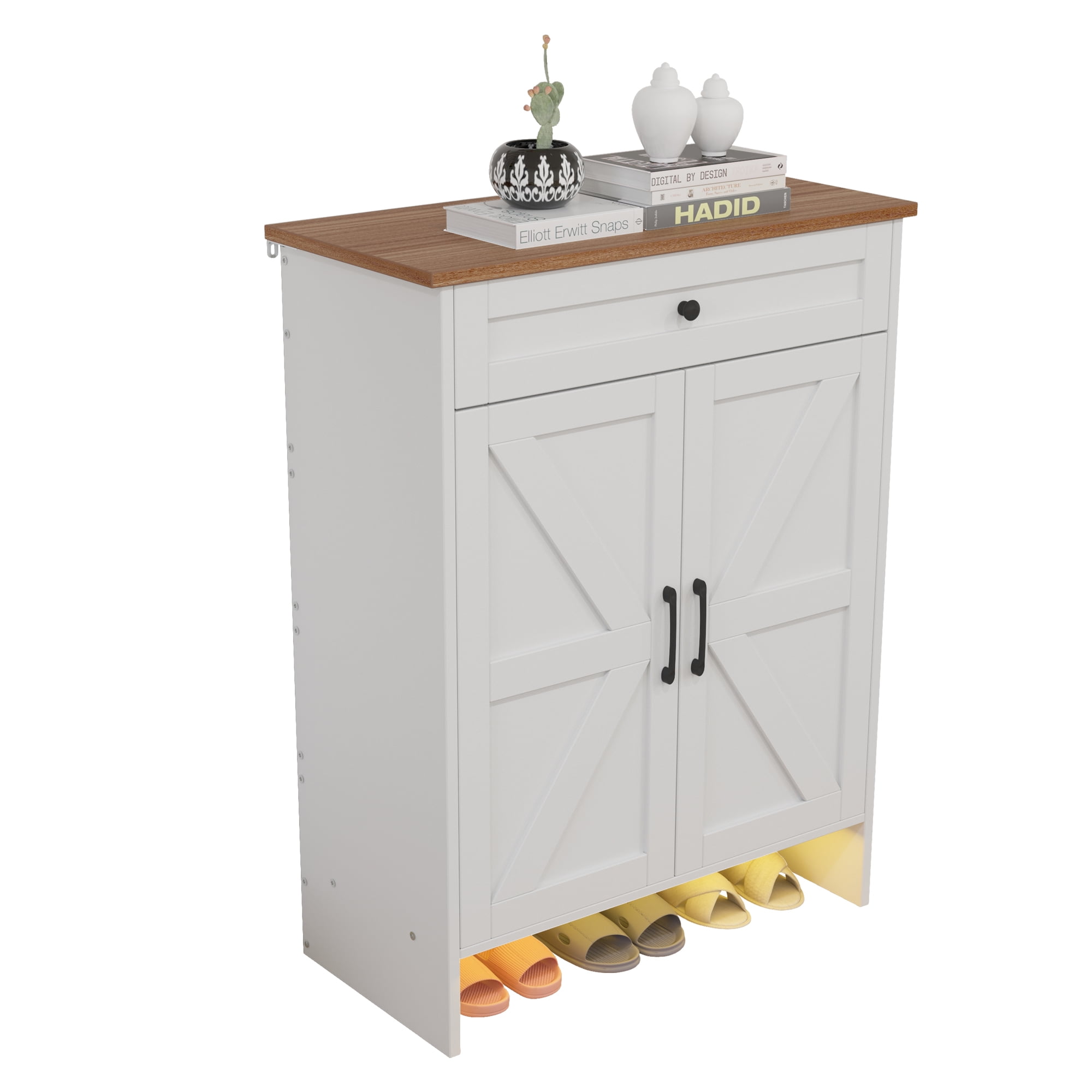 Uforic Shoe Cabinet with Top Drawer&Sensor Light ,Farmhouse Narrow Slim 6-Tier Shoe Storage Cabinet for 16 Pairs for Entryway, Foyer,White & Walnut