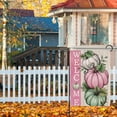 thumbnail image 3 of Welcome Fall Pumpkins Decorative Garden Flag, Autumn Pink White Teal Pumpkin Farmhouse Yard Outside Decorations, Thanksgiving Rustic Burlap Outdoor Small Home Decor Double Sided 12.5x18, 3 of 6