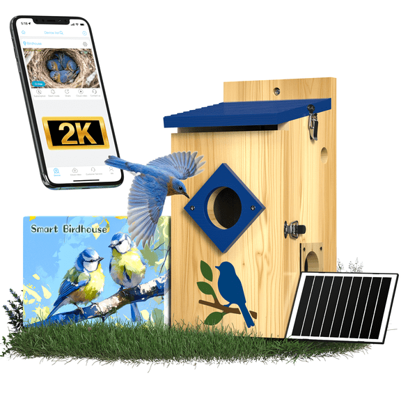 Smart Bird House with Camera Solar Powered,Isolated Camera Bay & Bird-Safe Varnish, 2K HD Pinewood Birdhouse with Camera Inside,Smart Bird Nest Box,Auto Detection for Backyard Birdwatching