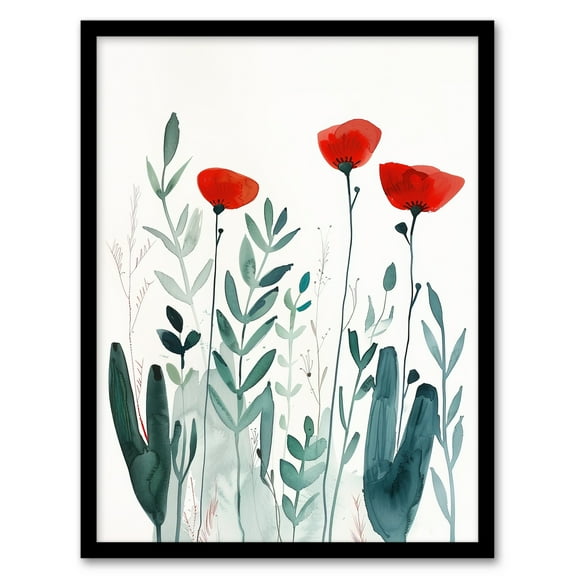 Artery8 Wild Poppy Flowers Bright Red Teal Watercolour Living Room Art Print Framed Poster Wall Decor 12x16 inch