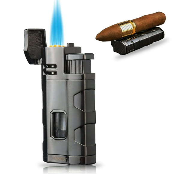 PROMISE Briquet Torche Triple Jet avec Coupe-Cigare Reste Cigare Briquet Réservoir de Gaz Visible Gaz Flamme Réglable Non Inclus (Nickel Noir)