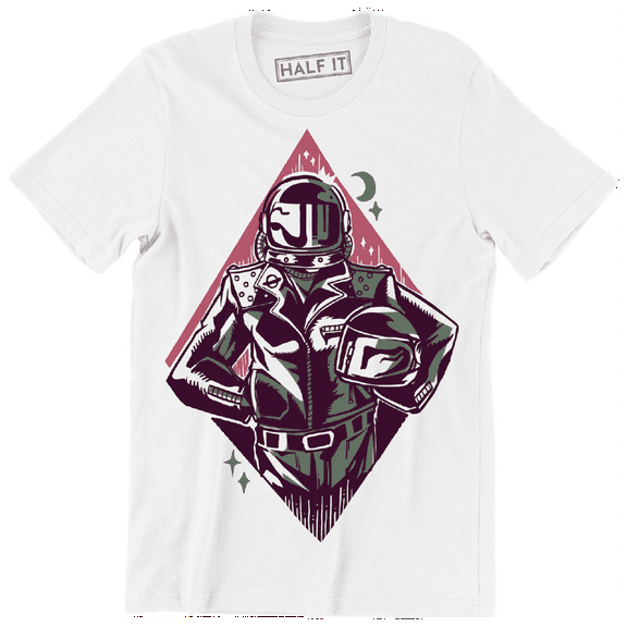 Cool Space Astronaut Wearing A Biker Outfit And Holding A Helmet Men T-Shirt
