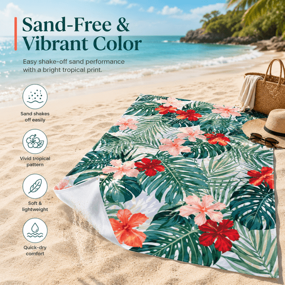 Beach Towel Microfiber Oversized Quick Dry Sand Free Tropical Hibiscus Monstera Palm Leaf Floral Green Pink Hawaiian Pool Bath Blanket Travel Camping