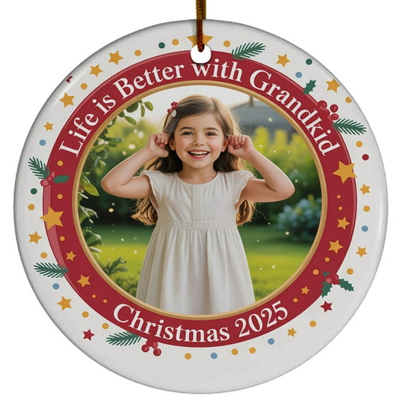 Customized Photo Name Grandkids Christmas Ornament Gift - Picture Frame Life is Better with Grandkid Ornaments for 2025, Circle Christmas Ornament, Christmas 2025 Ornament