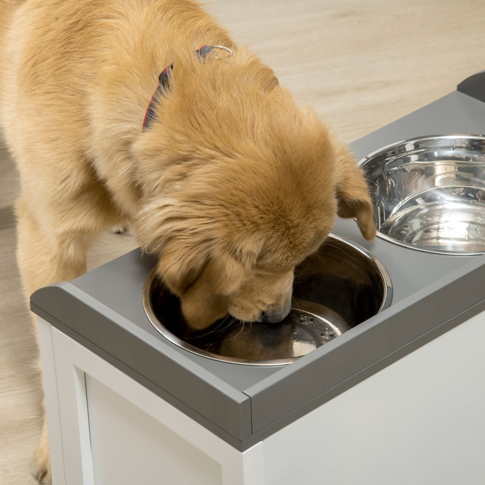 White Elevated Dog Feeding Station with Storage & 2 Bowls