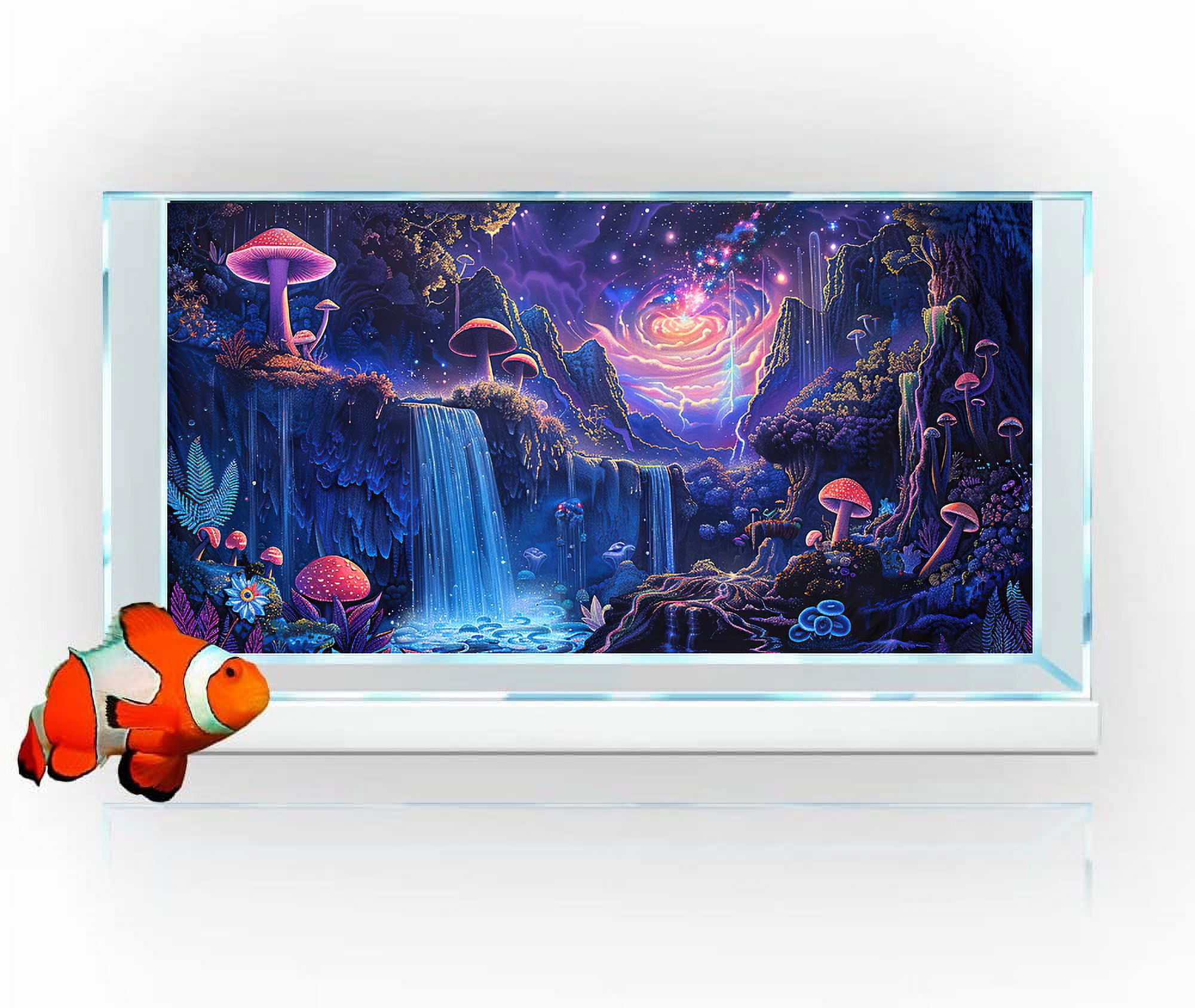 Galaxy Space Planet Aquarium Background, Waterfall Landscape Tapestry Fantasy Mountain Wave Wall Tapestry Mysterious Neon Plants Fish Tank