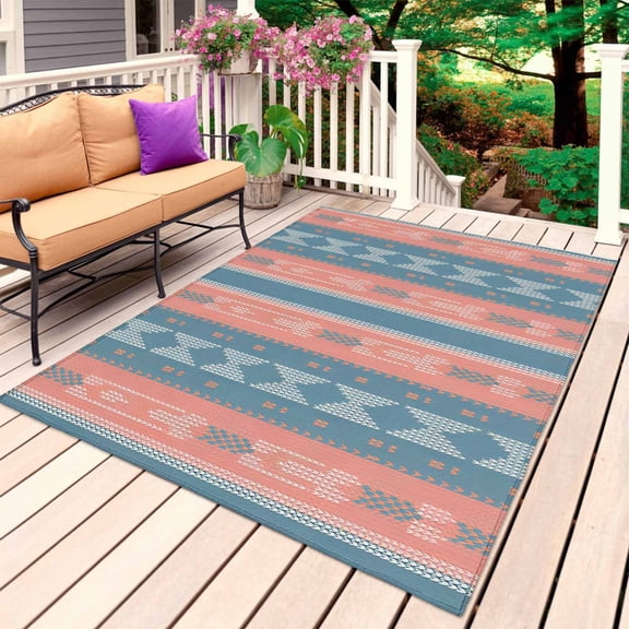 Blue Pink Boho Outdoor Rug for Patio/Deck/Porch, Non-Slip Large Area Rug 3 x 5 Ft, Country Ethnic Abstract Geometric Striped Indoor Outdoor Rugs Washable Area Rugs, Camping Rug Carpet Runner