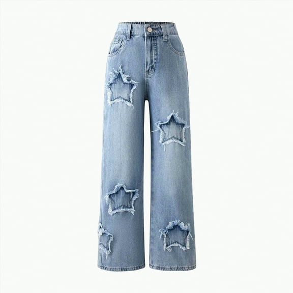 TOWED22 Kids Girls Wide Leg Cargo Jeans High Elastic Waist Denim Pants Straight Printing Pocket Comfortable(Light Blue,11-12 Y)