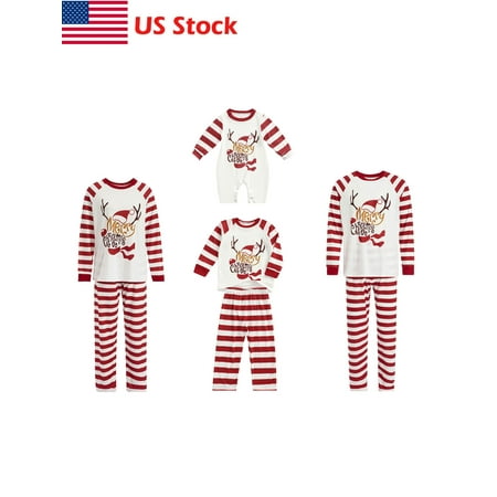 

Sunisery Christmas Family Matching Pajamas Parent-Child Pjs Set Elk and Stripe Print Long Sleeve Tee + Pants Sleepwear