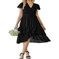 thumbnail image 1 of Femmes Boho Manches Courtes V Robe de Cou Casual Ruffle Wrap Swing Plage Sundress Été Mousseline de Soie Parti Midi Robe avec Ceinture, 1 of 5