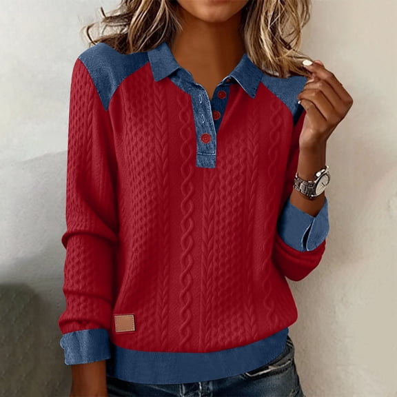 Homenesgenics Womens Tops Plus Size Spring Solid Color Casual Long Sleeve Lapel Collar Denim Patchwork Stitching Button-Up Top Red S