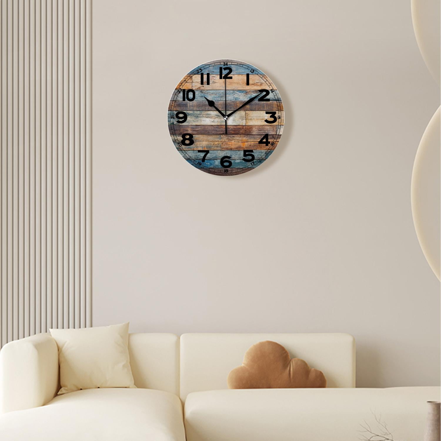 erolrail Rustic Wall Clock,Silent Non Ticking Wall Clocks for Living Room,Bedroom,Kitchen 12IN Blue Brown Planks Wooden Art