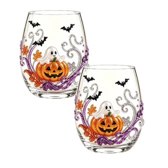 2Pcs Halloween Decorations Halloween Stemless Glasses Drinking Glasses 15Oz Pattern Tumbler Cups Pumpkin Printed Flat Glass Halloween Drinkware For Party Fall Glass&Bottle