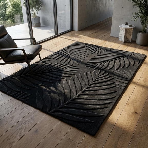 Hand-Tufted Wool Leaf Pattern Grey and Black Area Rug for Living Room ...