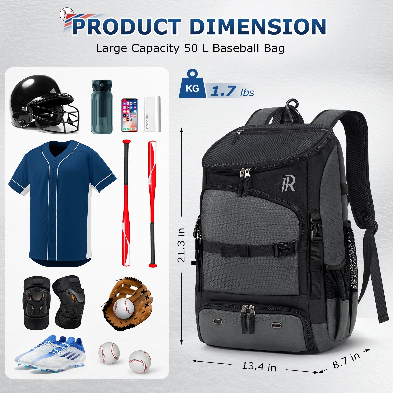 RAINSMORE Baseball Backpack 40L Large Softball Baseball Backapck with Helmet Holder, Shoe Compartment & Fence Hook, Durable Softball Gear Bag,Black/Gray