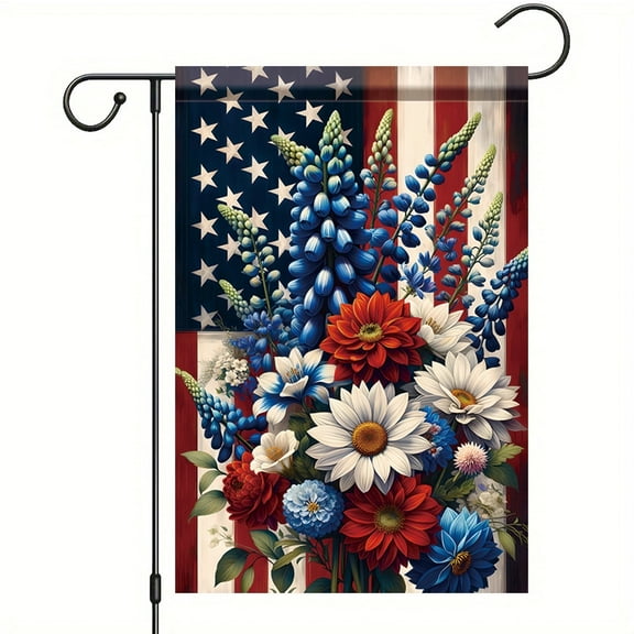 Patriotic 4th of July Garden Flag Red White Blue Flowers American Flag Double Sided 12x18 Inch Welcome Floral Yard Flag for Outside Memorial Day Independence Day