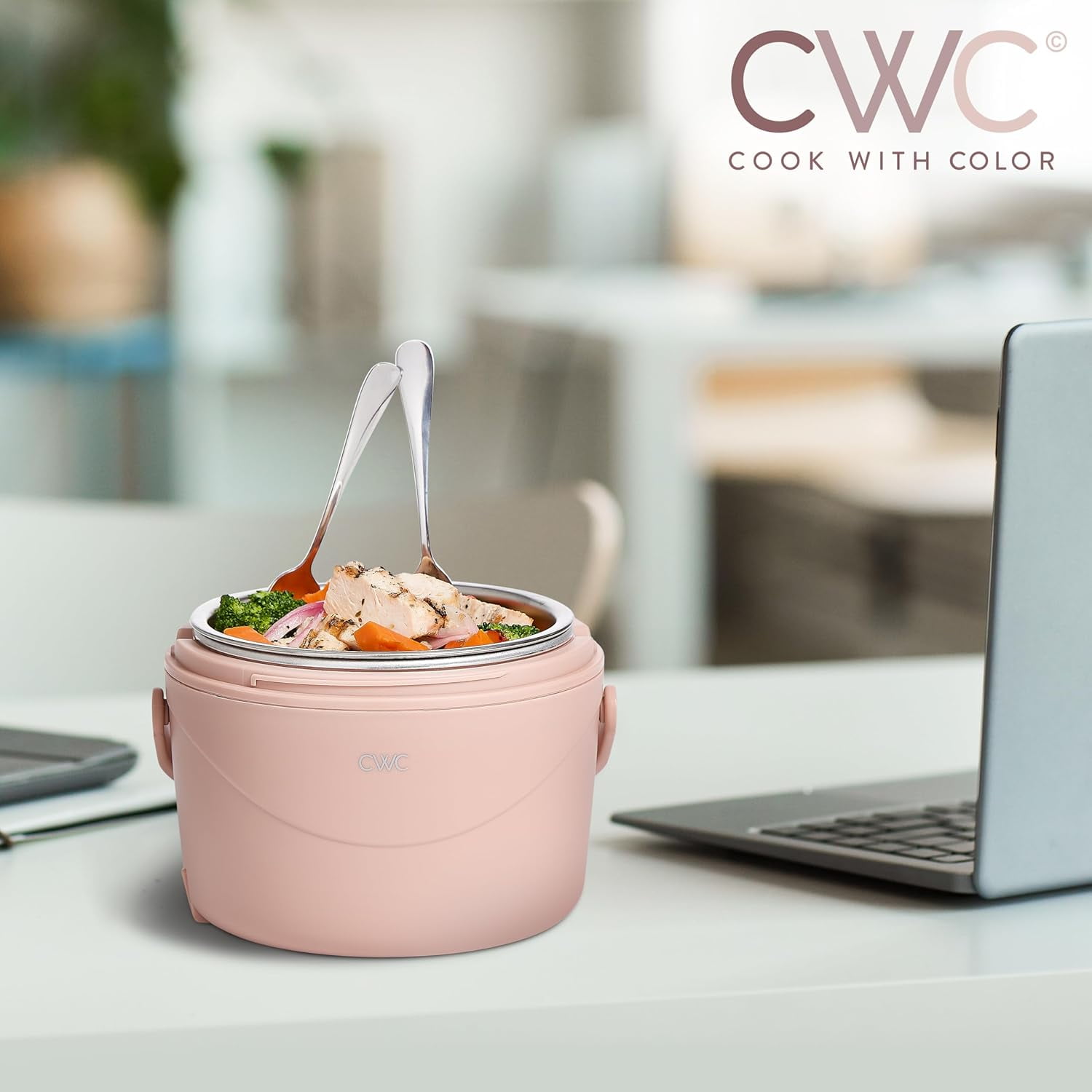 Cook With Color Heated Lunch Box Electric Food Warmer, Round 1.1L Portable Bento Box for Adults, Blush