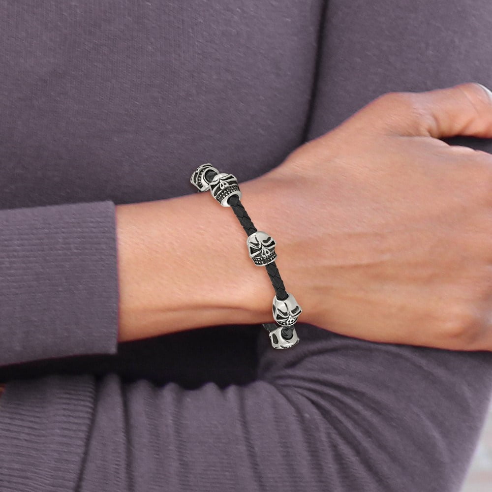 Diamond2Deal Stainless Steel Antiqued and Polished Skull Beads Black Braided Leather Bracelet for Men 8.5"
