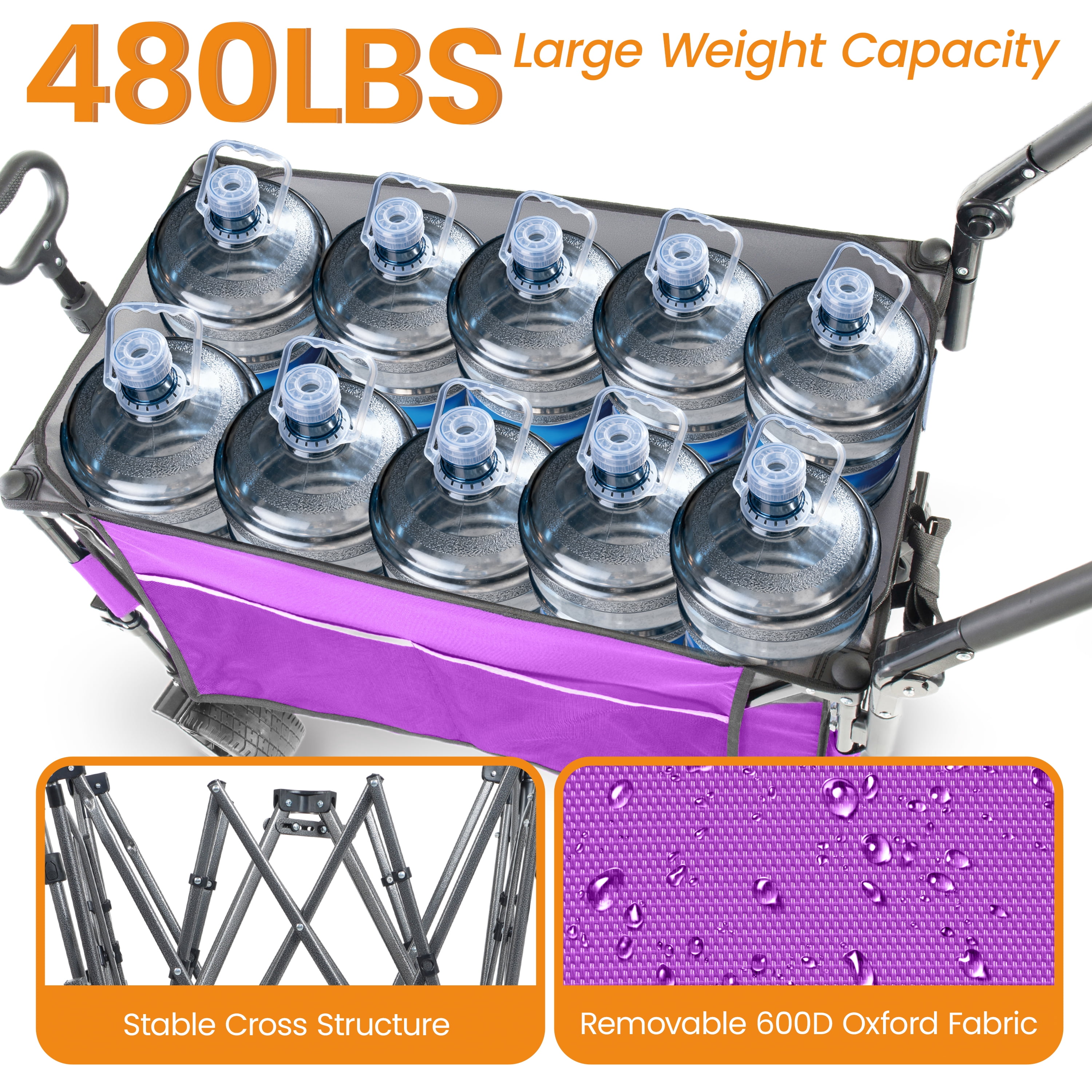 Multi-Functional Push-Pull Folding Wagon Cart Purple, Rotating Handle & Canopy, 7''x4'' Wheels with Brakes, 480lbs 300L for Outdoor, Groceries, Transport