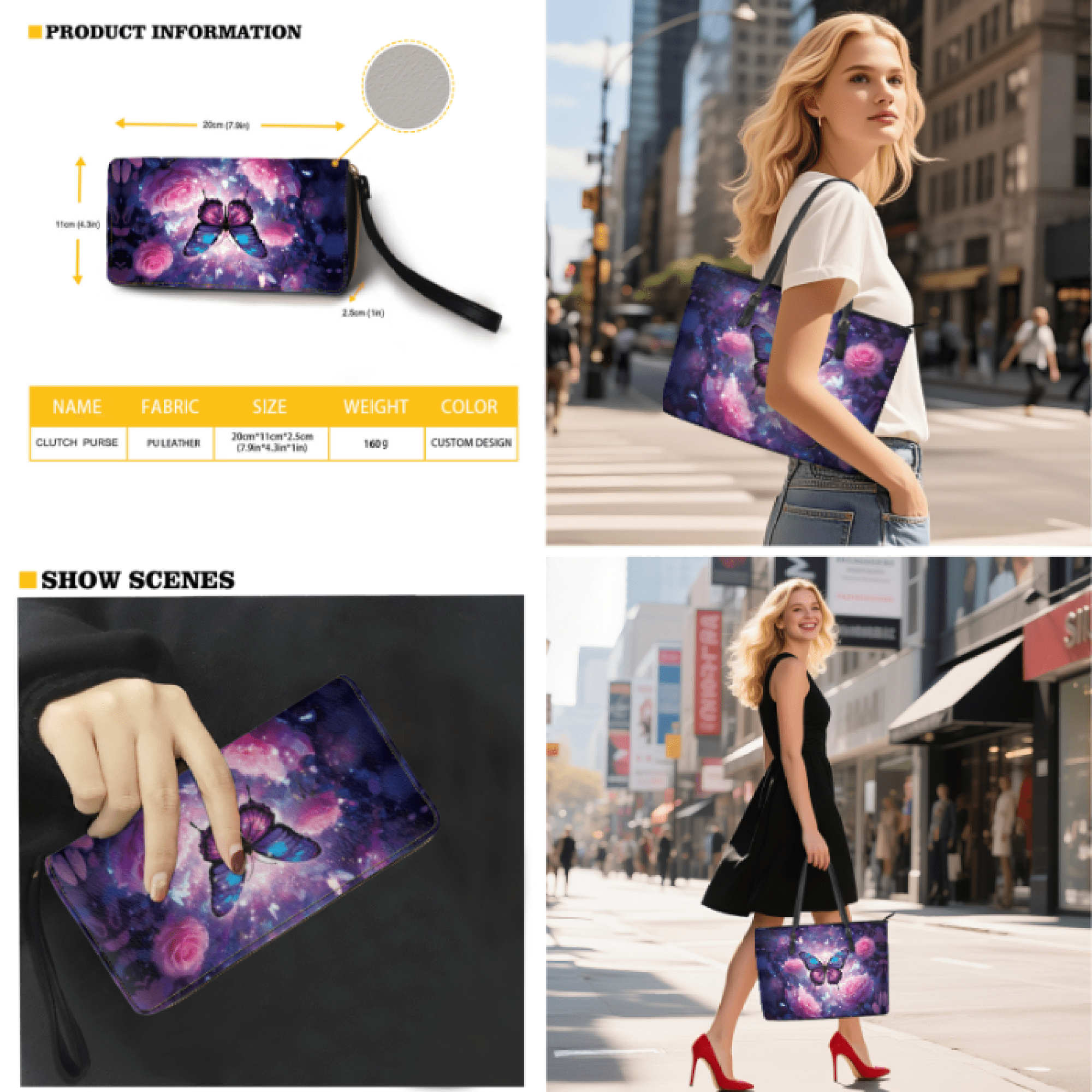Tutolipy Butterfly Rose Pattern 3 Pcs Tote Handbag Set, with Sling Bag Satchel Purse Wristlet Purse, Compatible with Work Shopping