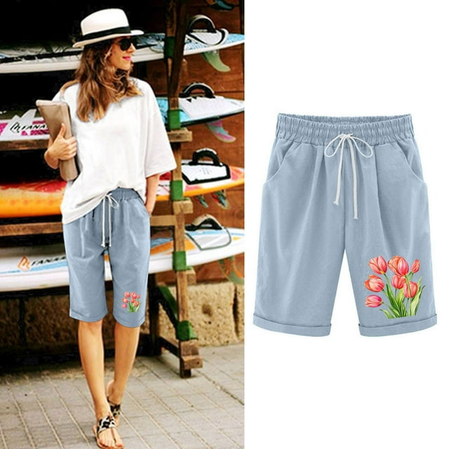 LOVZFMLL Women's Elastic Waist Printing Drawstring Shorts Light Blue M