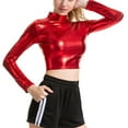 thumbnail image 3 of YONGHS Womens Metallic Long Sleeve/Sleeveless Crop Tops Holographic Shiny Turtleneck Tops Blouses Red L, 3 of 4