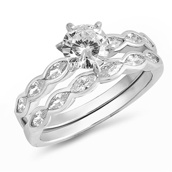 Round Clear Cubic Zirconia Center Marquise Wedding Set Ring Sterling Silver Size 9