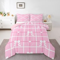 Homewish Cartoon Bow 3 Pieces Queen Comforter Set for Teens Boys Girls,Geometric Plaid Grid Ultra Soft Bedding Sets,Love Heart Print Bedding Comforter Set Breathable,Super Cozy Room Decor,Reversible