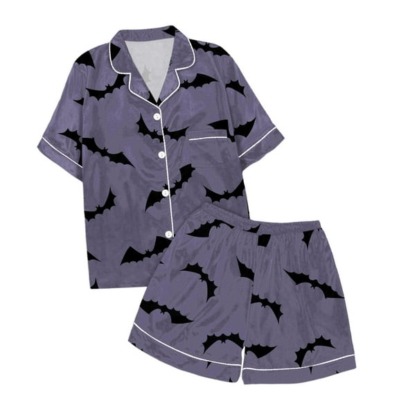 CAIVO Girls Halloween Star Bats Printed 2 Piece Pajama Sets Lapel Short Sleeve Button Down Shirt With Shorts Children Kids Homewear Loungewear
