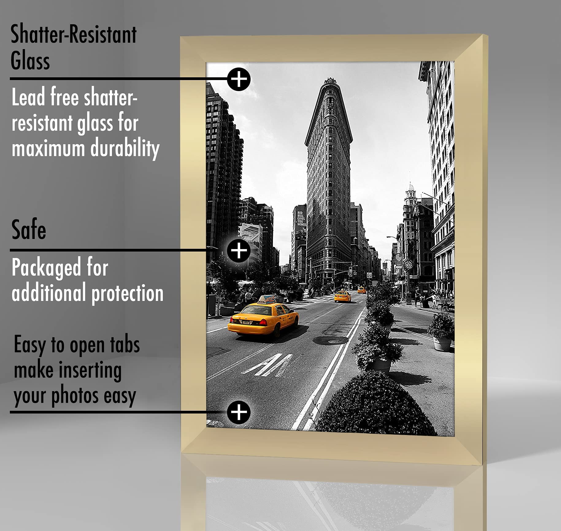 Americanflat 11x17 Picture Frame, MDF wood and shatter-resistant glass, portrait and landscape display, Gold