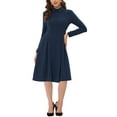 thumbnail image 2 of INSPIRE CHIC Women's Point Collar Zipper Belted Pleated Fit and Flare Shirt Dress S Dark Blue, 2 of 5