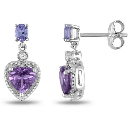 1-2/5 Carat T.G.W. Heart-Cut Amethyst and Oval-Cut Tanzanite and Diamond-Accent Sterling Silver Dangle Earrings