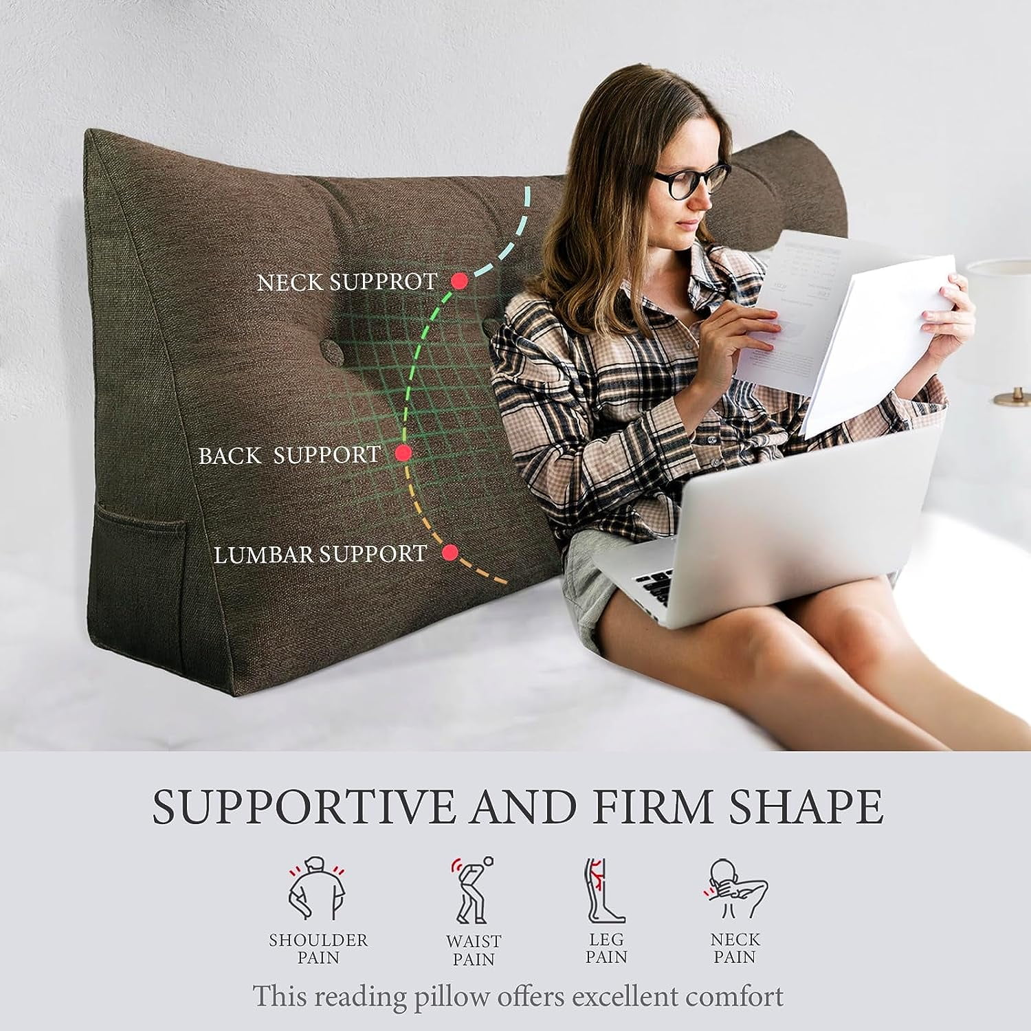 Adjustable Back Wedge Pillow with Pockets,Triangle Cushion Back Wedge  Cushion Sofa Bed Office Chair Rest Waist Neck Support  7.87x17.71x17.71/7.87x19.68x23.62 