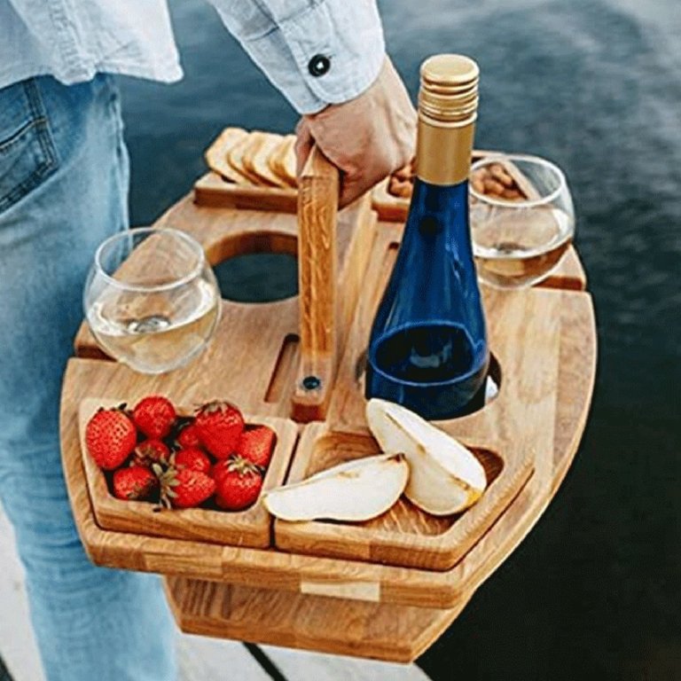 Portable Wine Tray Hanging Wine Glasses Fruit Tray Wooden Picnic