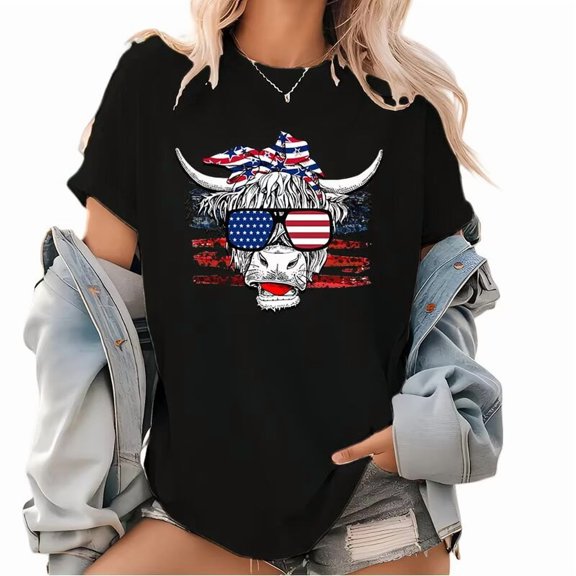 Womens Patriotic Cow Print T Shirts American Cow Graphic Tees Short Sleeve Casual 4th of July Design Pattern Classic Tops for Daily Outfits popular InS-style pattern round neck is trendy Black,L