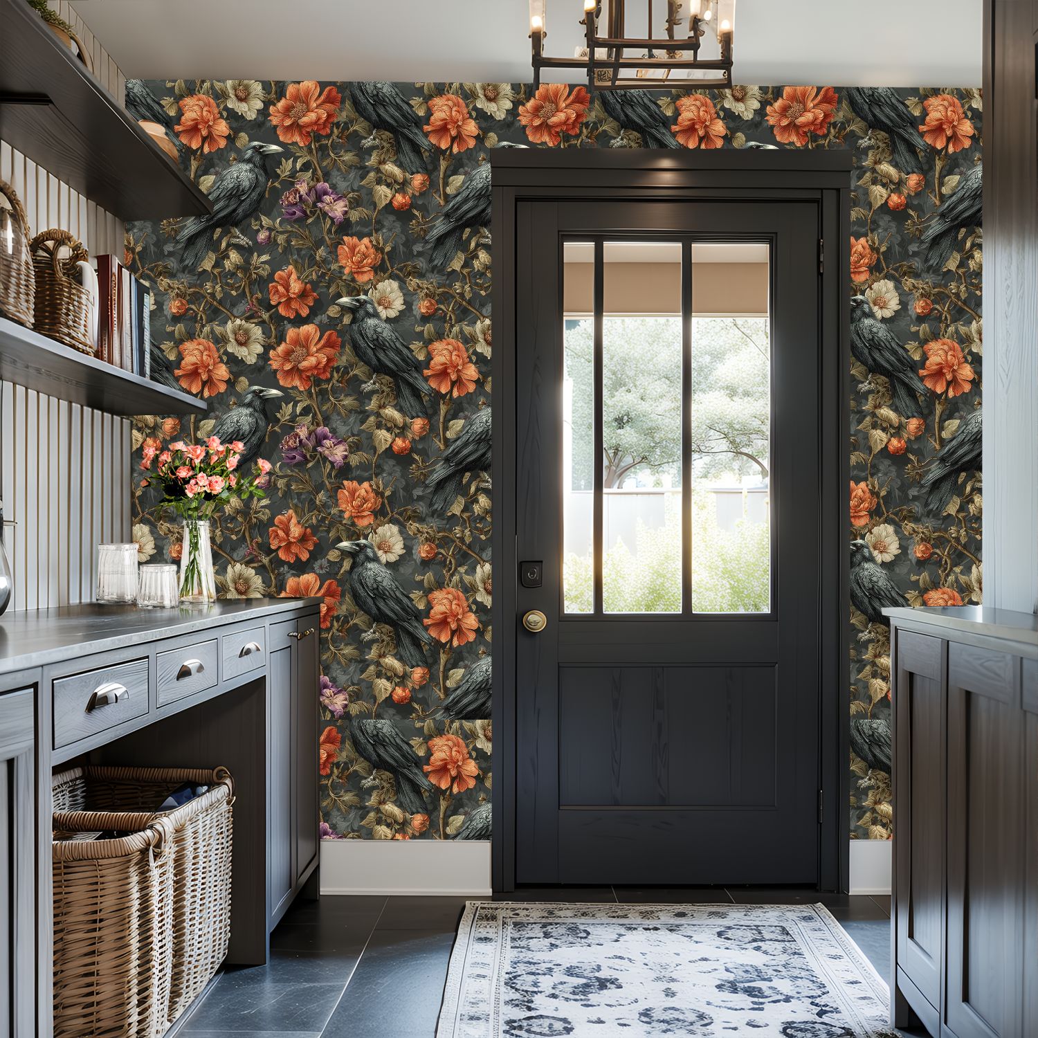 Peel and Stick Wallpaper Raven Birds Among Floral Blossom Vintage Botanical Style Wall Mural 17.7in x 9.8ft Self Adhesive Removable Wall Paper Renter Friendly Wallpaper for Nursery Bedroom Cabinets