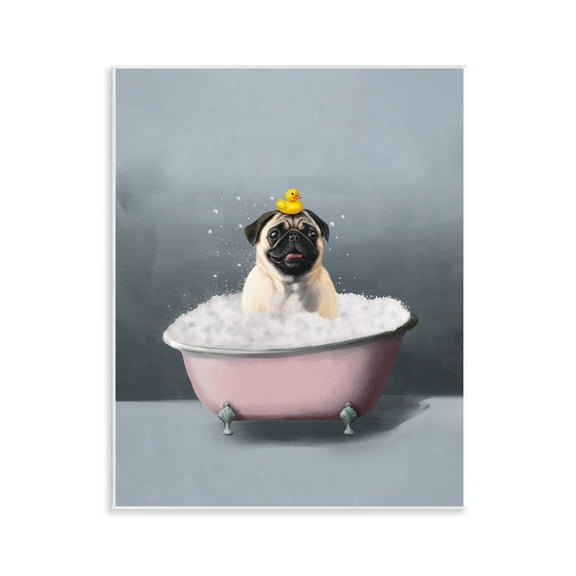 Stupell Industries Bathing Pug with Rubber Duck Bath & Laundry Painting Unframed Art Print Wall Art, 11 x 14
