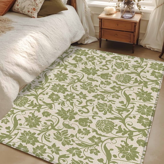 Area Rug for Living Room, Green Floral Non-Slip Indoor Large Carpet for Bedroom/Dining Room, Vintage Rustic Botanical Spring Washable Low-Profile Rectangle Floor Mat Runner Rugs - 3 x 5 Ft