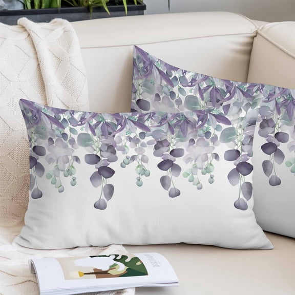 Purple Green Eucalyptus, Pillow Covers Queen, Watercolor White Botanical Soft Brushed Microfiber Breathable Throw Pillow Covers, Decorative Pillowcase with Zipper for Couch Sofa Bedroom 20"x30"