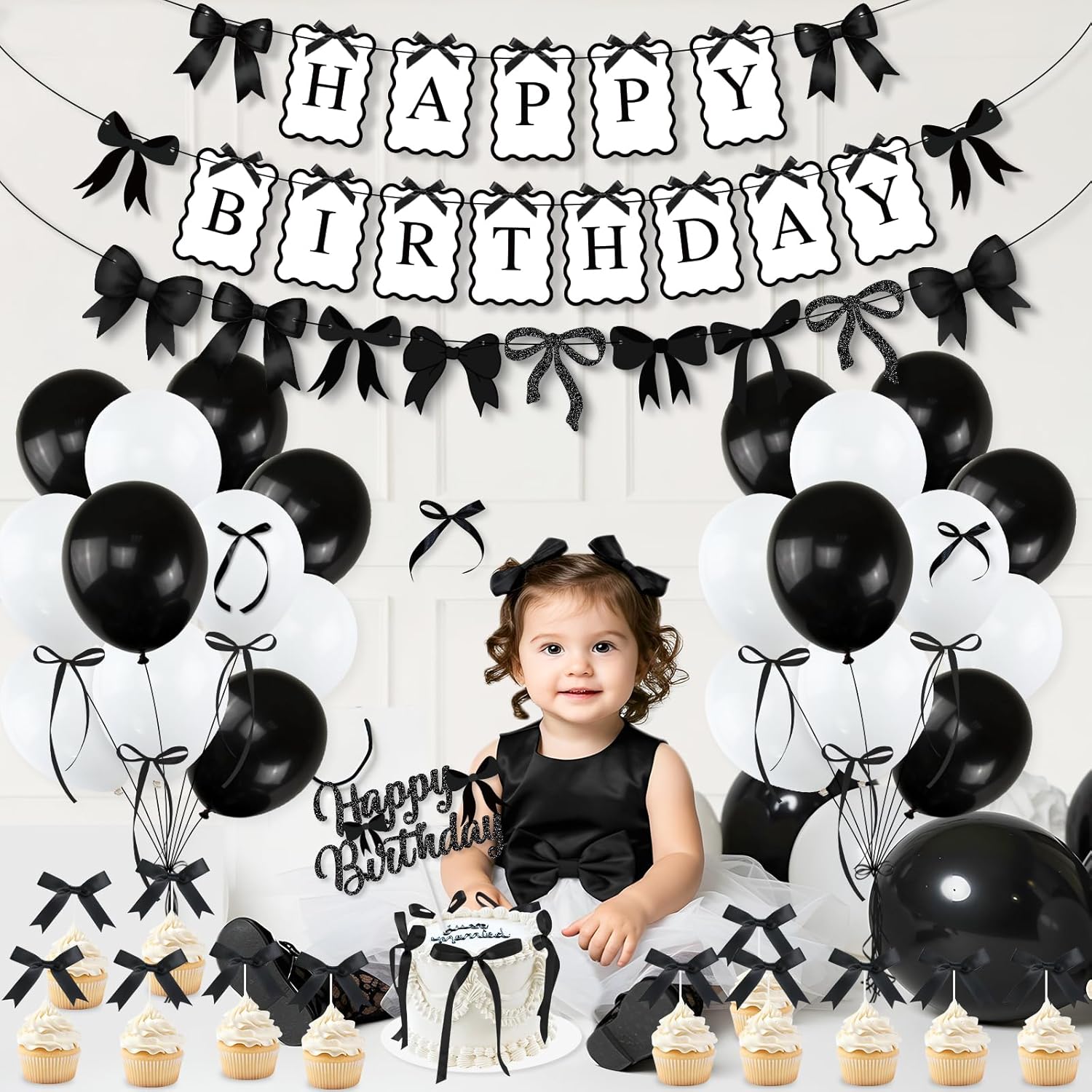 Black Bow Birthday Party Decorations, Bows Happy Birthday Banner Garland, Ribbon Bow Cake & Cupcake Toppers, Black White Balloons and Satin Ribbon for Women Girls Bows Party Decor