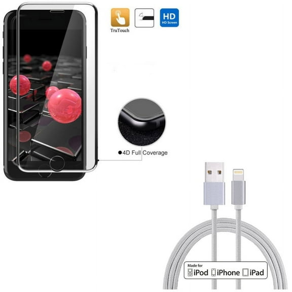 iPhone 8/7/6S/6 - Tempered Glass Screen Protector w 6ft MFi USB Cable - 4D Touch Curved Edge Full Cover Bubble Free Soft Edge Hybrid, Certified Charger Cord Power Wire Braided for iPhone 8/7/6S/6