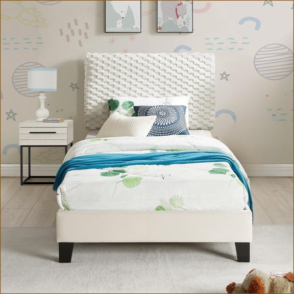 Bedroom Furniture Set | 2-Piece Twin Plush 3D Upholstered Bed & Nightstand | White Dove | FabricMDFUpholstered | Standard Beds