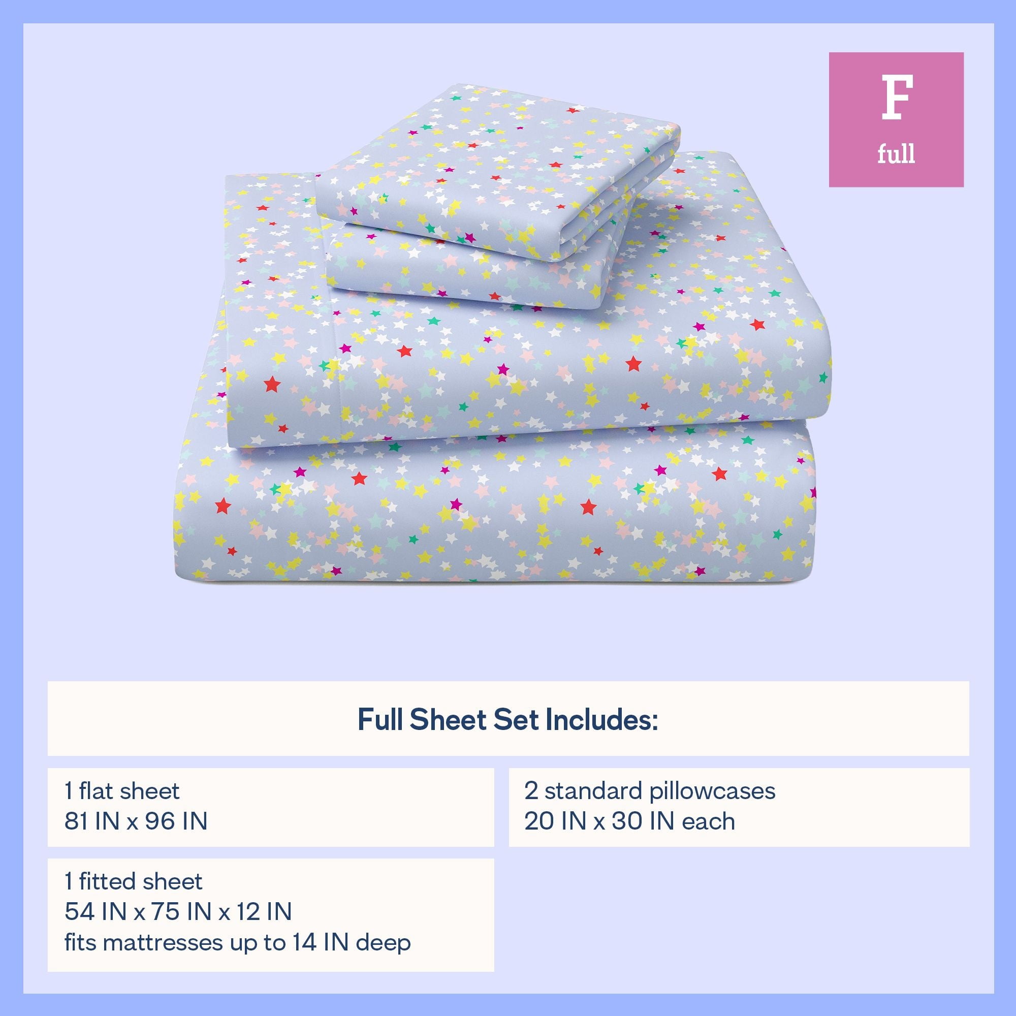Mainstays Kids Microfiber Bed Sheet Set, Full, Stars, 4 Pieces