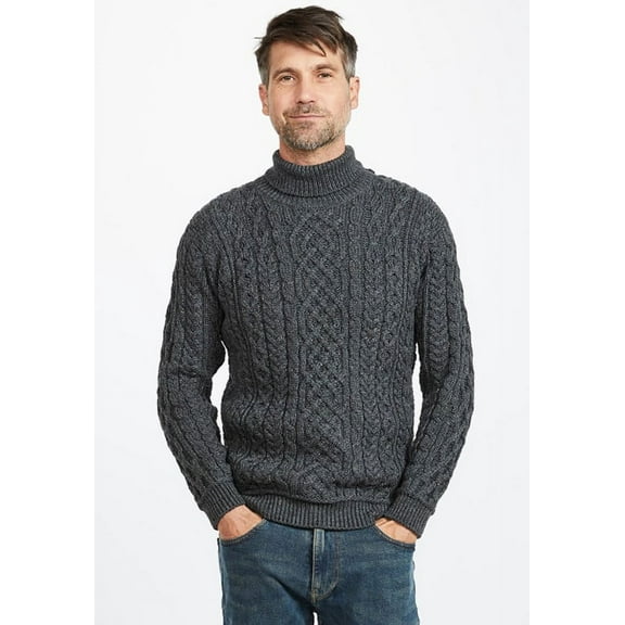 Aran Irish Traditional High Neck Sweater 100% SuperSoft Merino Wool Men's Cable Knitted Pullover Made in Ireland