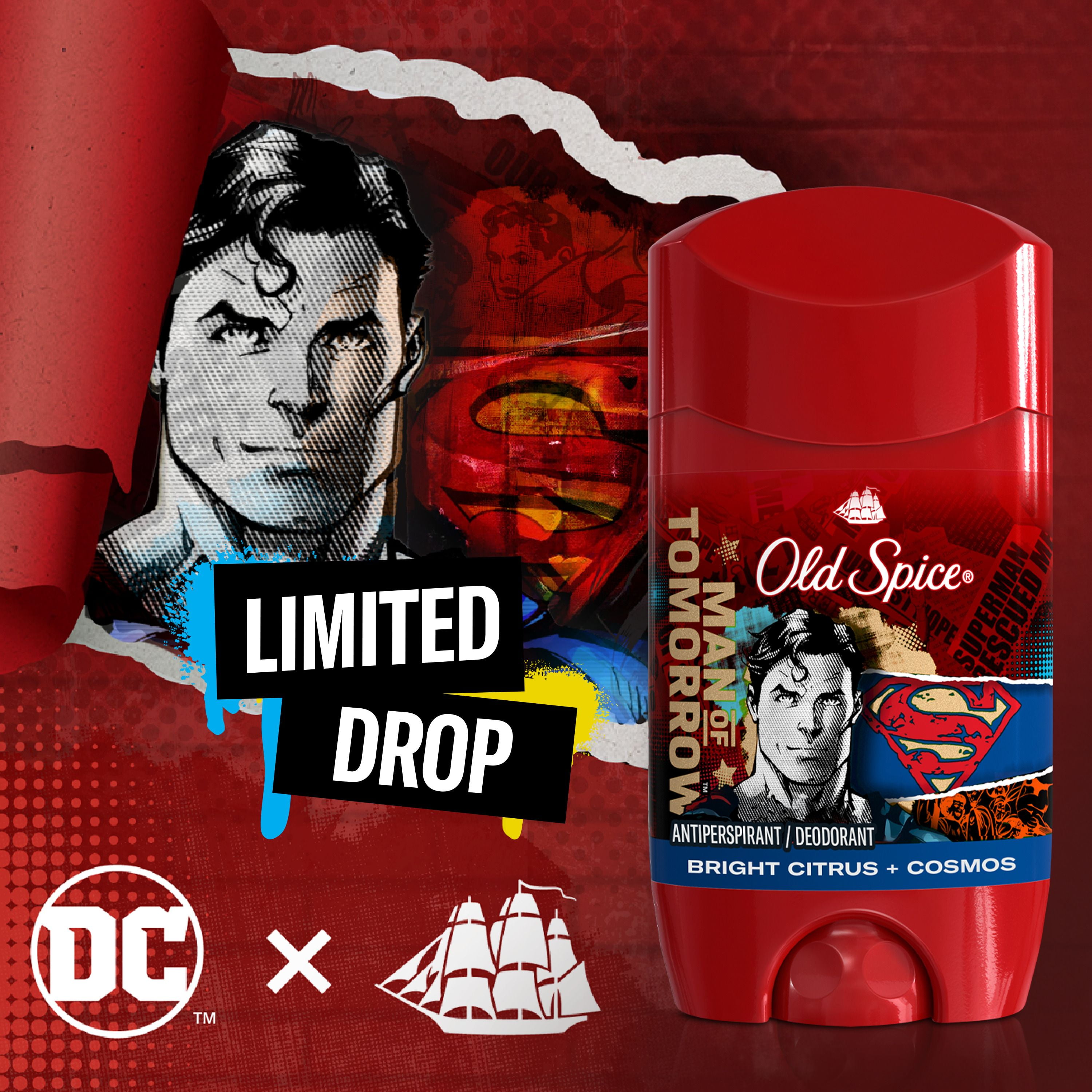 Antisudorifique et désodorisant Old Spice pour hommes, fraîcheur 24 heures sur 24, 7 jours sur 7, protection longue durée contre la transpiration et les odeurs, sentez comme un héros, Superman, parfum 73G