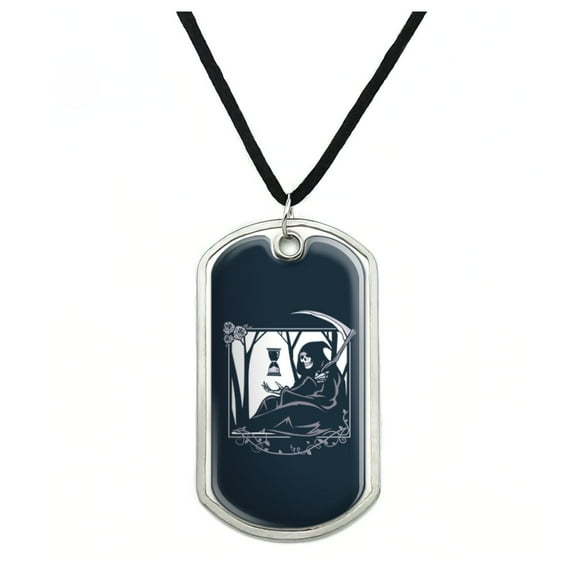 Death Grim Reaper Waiting With Hourglass Military Dog Tag Pendant Necklace with Cord