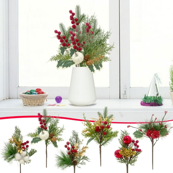 Artificial Christmas Picks Assorted Faux Pine Picks Red Berry Picks Stems Spray Twigs Evergreen Branches for DIY Holiday Art Gift Craft Garland Ornament Floral Arrangement Wreath 12.2"