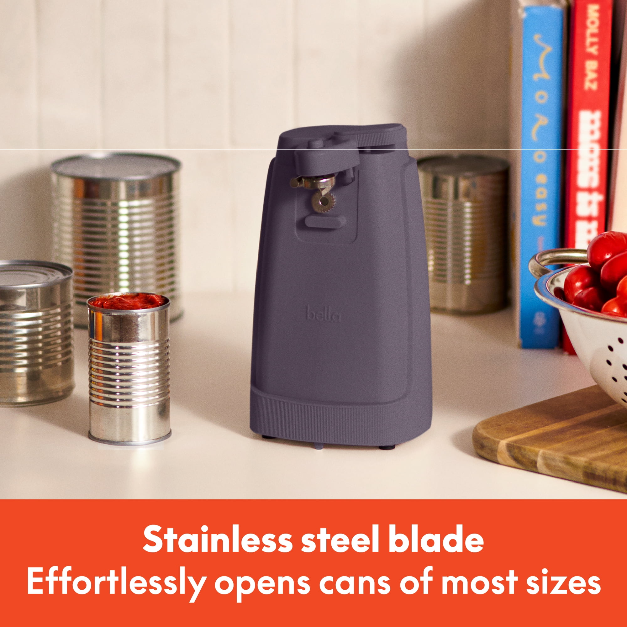 bella Electric Can Opener with Stainless Steel Cutting Blade and Cord Storage, Plum